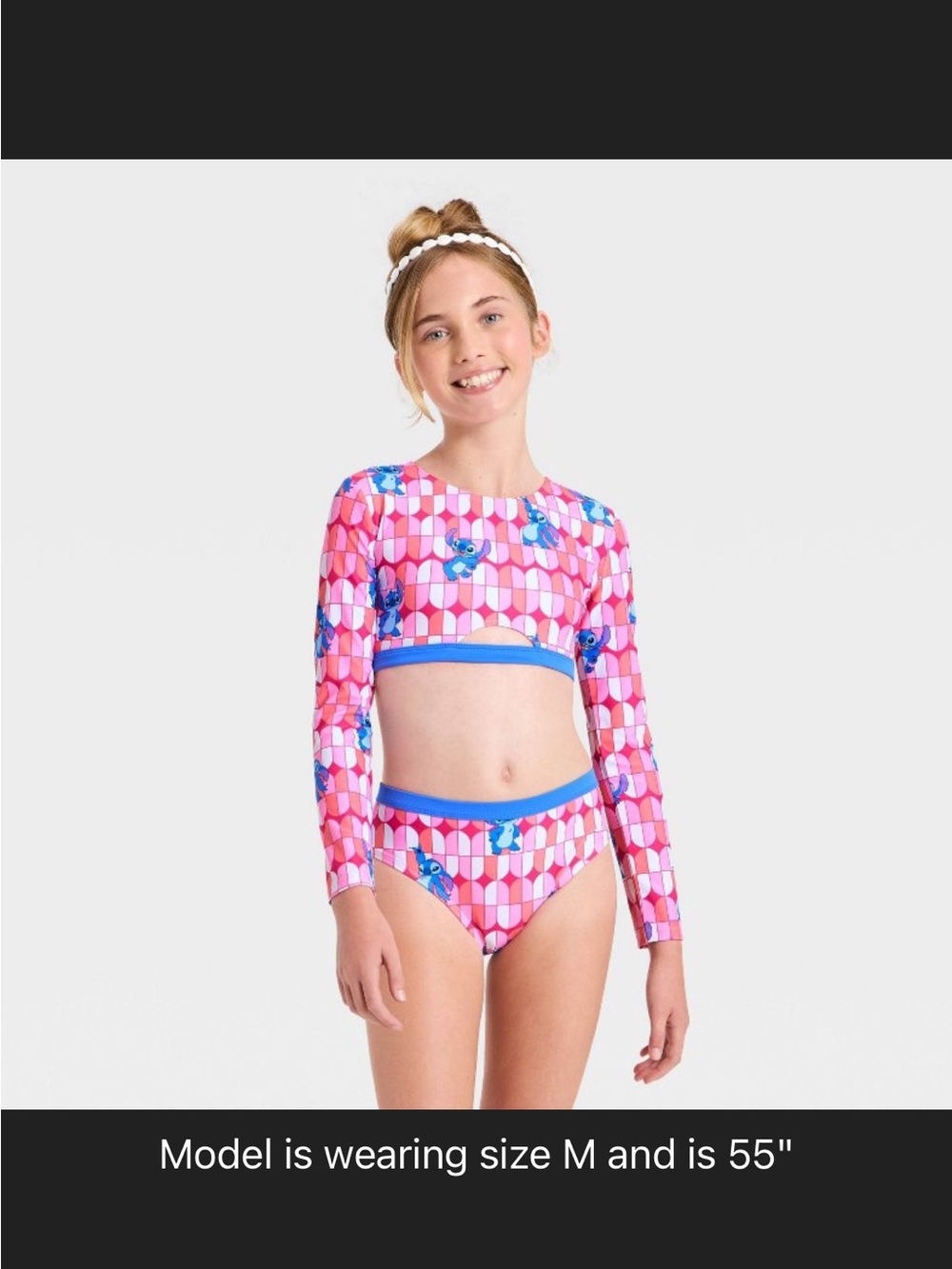 Disney Stitch Pink & Blue Floral Geometric Long-Sleeve Rash Guard Set